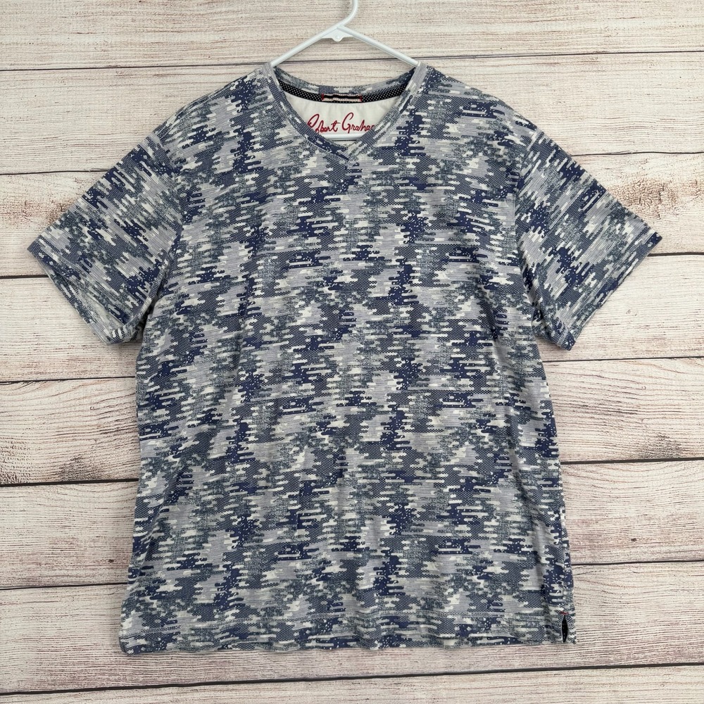 Robert Graham T-Shirt Mens XL Blue Abstract Digital Print V-Neck Cotton